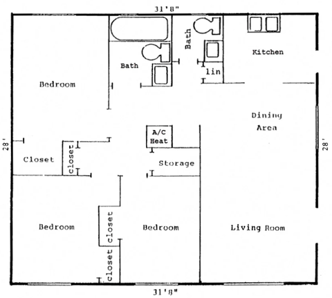 Floor plan for 3 beds, 2 baths, 896 sqft